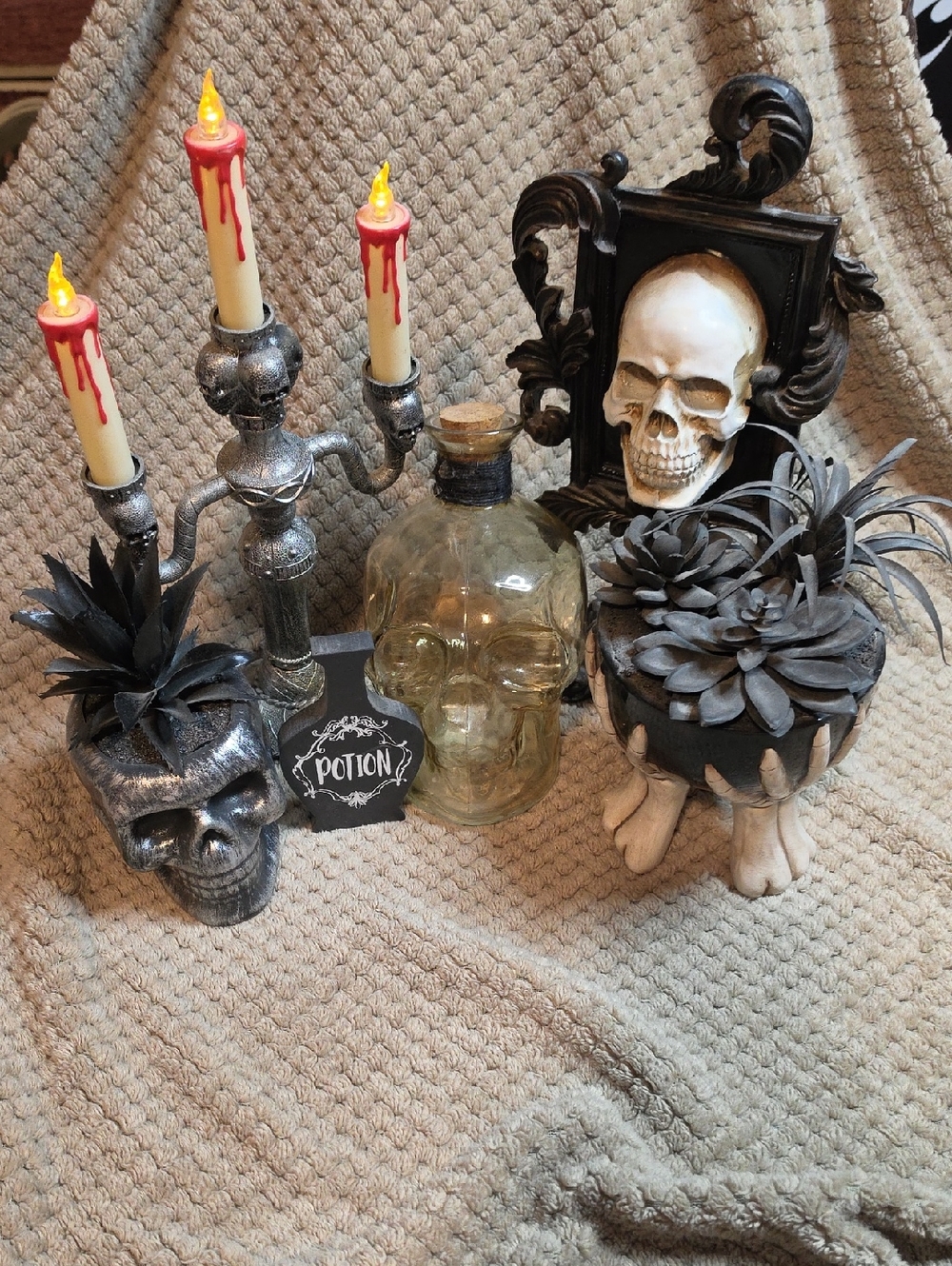 Gothic Skull Décor Set in Gray with Potion Bottle